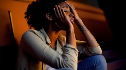 Person sitting in a dimly lit room, holding head with both hands, looking distressed. Symbolizing stress and mental strain due to a nerve disorder.