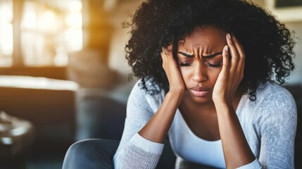 Person sitting in a dimly lit room, holding head with both hands, looking distressed. Symbolizing stress and mental strain due to a nerve disorder.