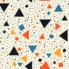 Obraz premium Seamless pattern of small dots scattered among triangles and squares in contrasting colors