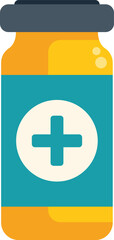 Obraz premium Medical glass vial containing orange liquid with a blue label displaying a white cross, commonly used for vaccines and injections