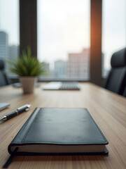 Black leather bound notebook sits on a wooden table