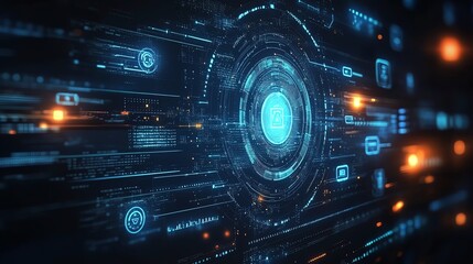Fototapeta premium Futuristic digital interface with glowing elements and data visualization effects.