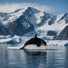 An orca breaching the surface of an icy fjord surrounded by snow-capped mountains.