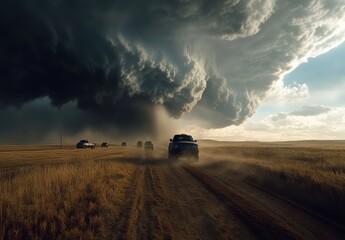 Fototapeta premium Dark Storm Clouds Rolling Over Open Landscape with Trucks Driving Through Dusty Road Under Dramatic Sky in Rural Setting