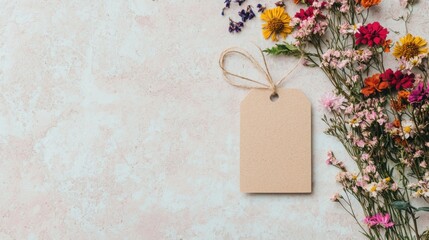 Price tag mockup vintage concept. A blank tag rests beside a colorful arrangement of dried flowers on a soft, textured background, evoking a sense of charm and creativity.