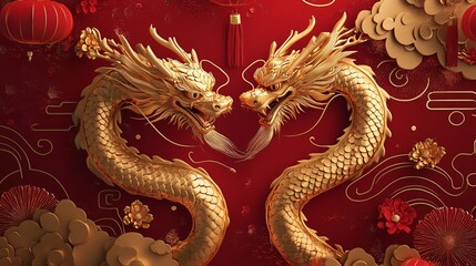 Obraz premium 7.An ornate Chinese New Year banner design with two powerful dragons facing each other, flying amidst swirling clouds, lanterns, and flowing ribbons. The dragons are detailed in gold, with scales