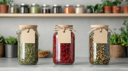 Price tag mockup vintage concept. Three jars filled with colorful spices and herbs, neatly arranged on a countertop, with greenery and jars in the background.