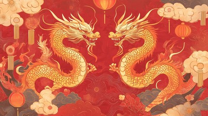7.An ornate Chinese New Year banner design with two powerful dragons facing each other, flying amidst swirling clouds, lanterns, and flowing ribbons. The dragons are detailed in gold, with scales