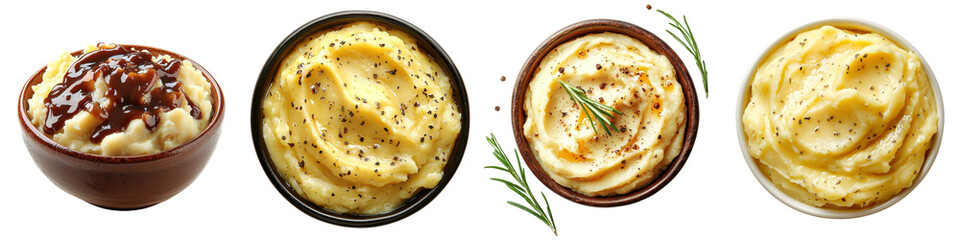 Mashed potatoes with spreading sauce isolated on white background. Collection Set png.