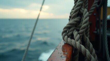 Fototapeta premium A boat is sailing in the ocean with the sun setting in the background