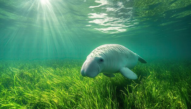 Gentle dugong grazing on seagrass meadow