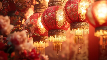 13.A close-up of a group of ornate Chinese red lanterns, each featuring detailed gold patterns and elegant tassels, set against a vibrant red backdrop with traditional Chinese elements. The glow from