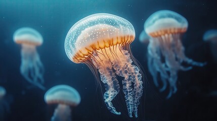 Fototapeta premium Jellyfish swarm illuminated in deep ocean