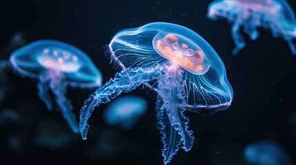 Fototapeta premium Jellyfish swarm illuminated in deep ocean