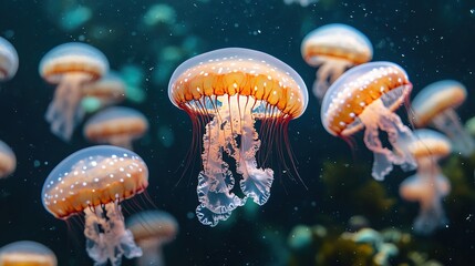 Naklejka premium Jellyfish swarm illuminated in deep ocean