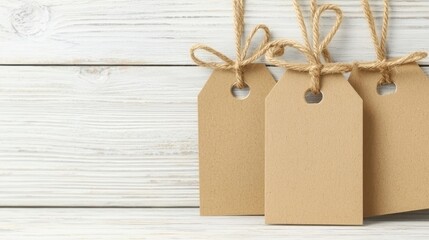 Price tag mockup vintage concept. Blank brown tags tied with twine on a wooden background, perfect for labeling, crafting, or gift wrapping.