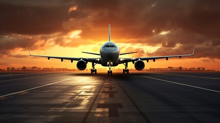 Dramatic Airplane Takeoff at Sunrise Over Airport Runway