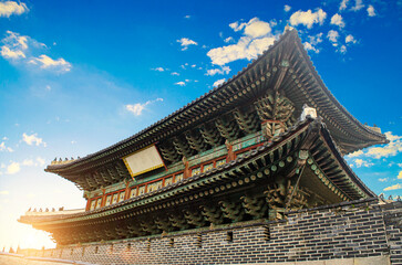 Fototapeta premium Suwon, Gyeonggi-do, South Korea - September 26, 2024 A UNESCO World Heritage Hwaseong Fortress centuries old walls which spans for kilometers.