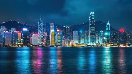 View of Victoria Harbour at sunset in Hong Kong. Ai generated image