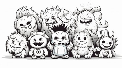 Cute Cartoon Monsters in Black and White Illustrated Style for Kids Book or Nursery Design