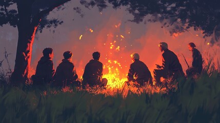 Fototapeta premium Campfire Gathering Friends Enjoying Night Bonfire Under Tree