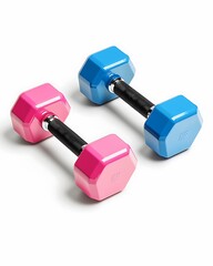 Colorful dumbbells in pink and blue, designed for lightweight strength training, ideal for home...