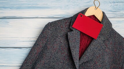 Price tag mockup vintage concept. A stylish gray coat hangs on a wooden hanger, featuring a vibrant red tag against a light blue wooden background.