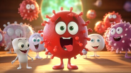 Obraz premium Bright 3D Cartoon Characters Discussing Immunity with Virus Cells