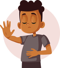 Little Boy Suffering from a Bellyache Saying Stop Vector. Child complaining about stomach pains from hunger 
