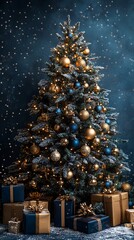 Luxury christmas background with christmas tree with gift boxes, ads banner, luxury christmas greeting card, green background