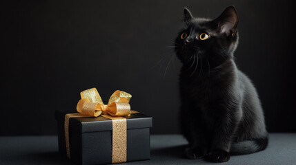 A cute black cat wearing a large gold bow, against a dark background. Ideal for Black Friday or holiday promotions.