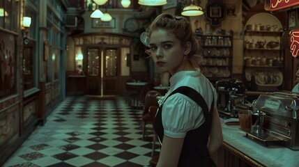 Vintage Cafe Interior with a Young Woman in Retro Fashion