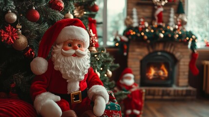 Santa Claus joyfully sits in front of a beautifully decorated Christmas tree, radiating holiday cheer and warmth.