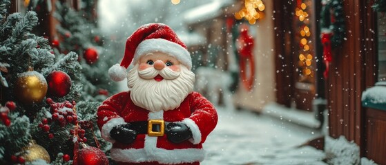 A cheerful Santa Claus figurine stands amidst a blanket of snow, capturing the festive spirit of Christmas and the joy of the holiday season.