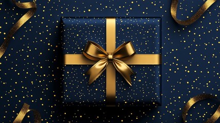 A beautifully wrapped Christmas gift adorned with a gold ribbon and bow, set against a serene blue background, perfect for the festive season.