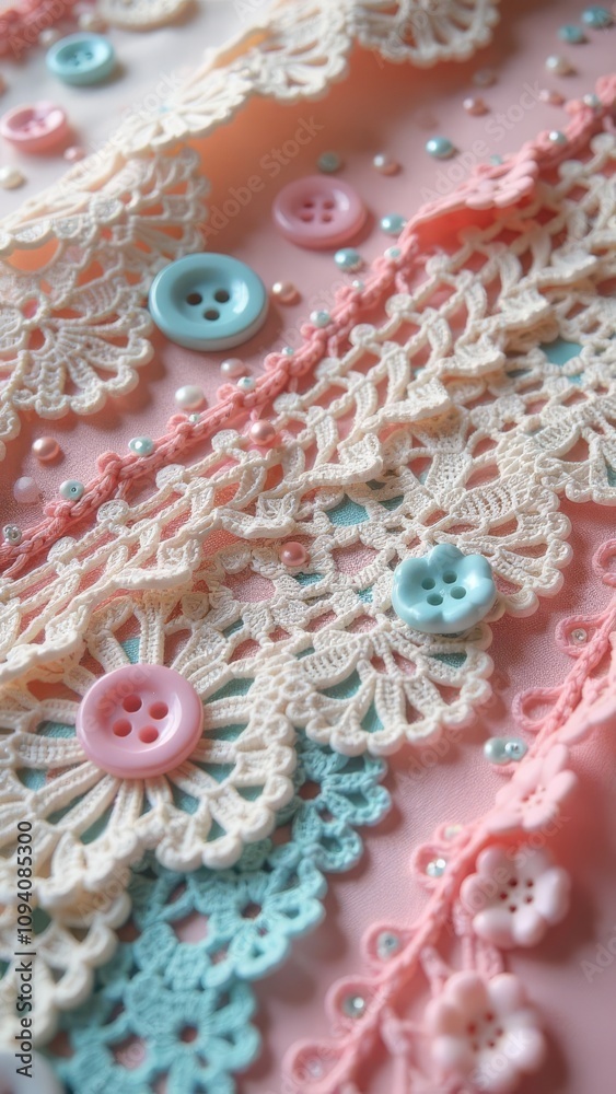 Poster a close up of buttons and lace with a pink background