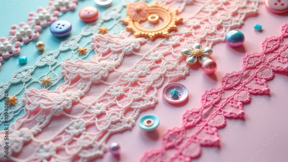 Poster A colorful assortment of buttons and beads are arranged on a pink background