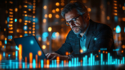 Mature businessman looking at a laptop computer screen analyzing sales charts data , caucasian man in finance working on KPI reports analysis