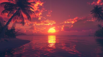 Tropical Sunsets: The sun dips below the horizon, blending hues of orange, pink, and purple across the sky and reflecting on the tranquil waters of the tropics.

