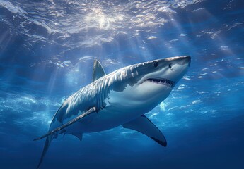 Fototapeta premium Enigmatic Great White Shark Gliding Through Crystal Clear Ocean Waters Beneath Sunlit Surface, Showcasing Majestic Power and Beauty in a Marine Habitat