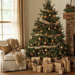 Obraz premium beautifully decorated Christmas tree stands tall, adorned with bronze and gold ornaments, burlap ribbon, pinecones nestled among its branches, presents wrapped in kraft paper, twine, muted brow ribbon
