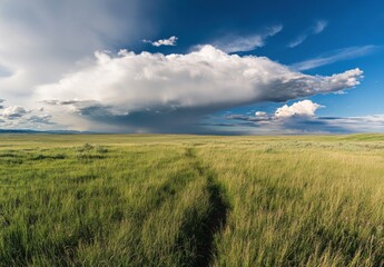 Expansive Green Grassland Under a Dramatic Sky with Cloud Formation, Scenic Landscape Capturing Nature's Beauty during Changeable Weather Conditions