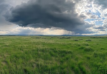 Expansive Green Grassland under a Dramatic Sky with Dark Clouds and Sunlight Piercing Through in a Serene Landscape Setting