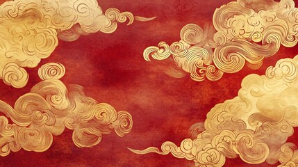 71.A traditional Chinese background design featuring seamless golden cloud patterns on a rich red backdrop. The elegant golden clouds are intricately detailed, creating a luxurious and festive feel,
