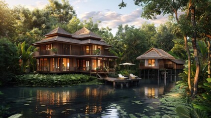 Obraz premium Tropical Resorts: Luxurious resorts that blend seamlessly with nature, offering overwater bungalows, lush gardens, and serene, tropical escapes for ultimate relaxation. 