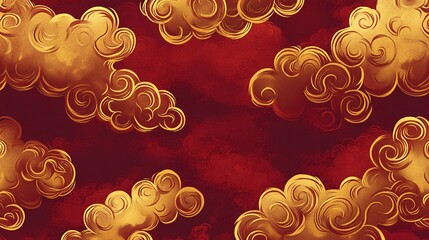 73.A Chinese New Year background featuring golden cloud patterns in a seamless, repeating design. The backdrop is a deep red, highlighting the ornate gold clouds that flow elegantly across the scene.