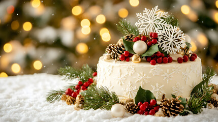 A beautifully decorated Christmas cake topped with snowflakes, berries, and pinecones, set against a festive bokeh background