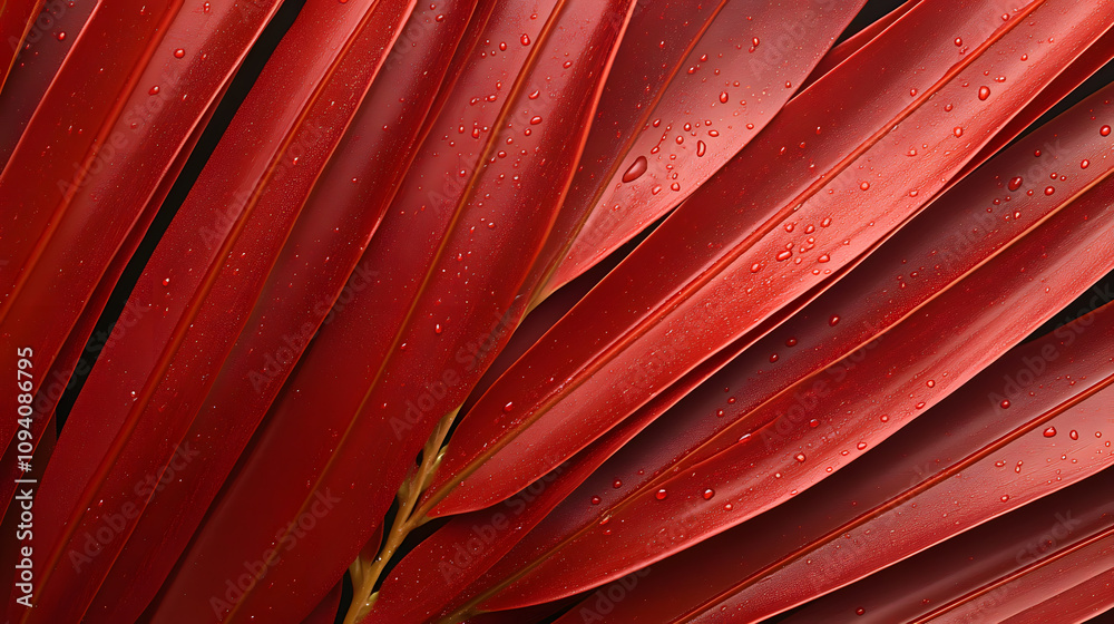 Poster a close-up view of vibrant red leaves, showcasing their texture and water droplets, creating a strik