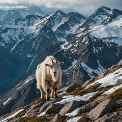 A mountain goat scaling a steep, rocky cliff with snow-capped peaks in the background.