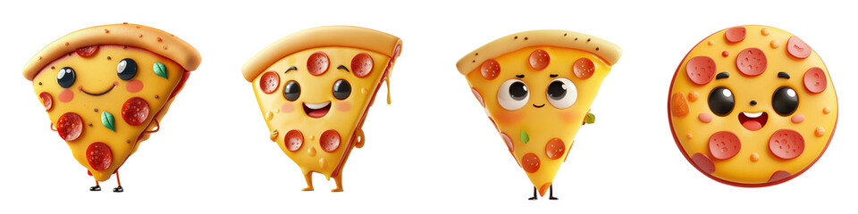 Fototapeta premium 3D cartoon pizza character isolated on white background. Collection Set png.